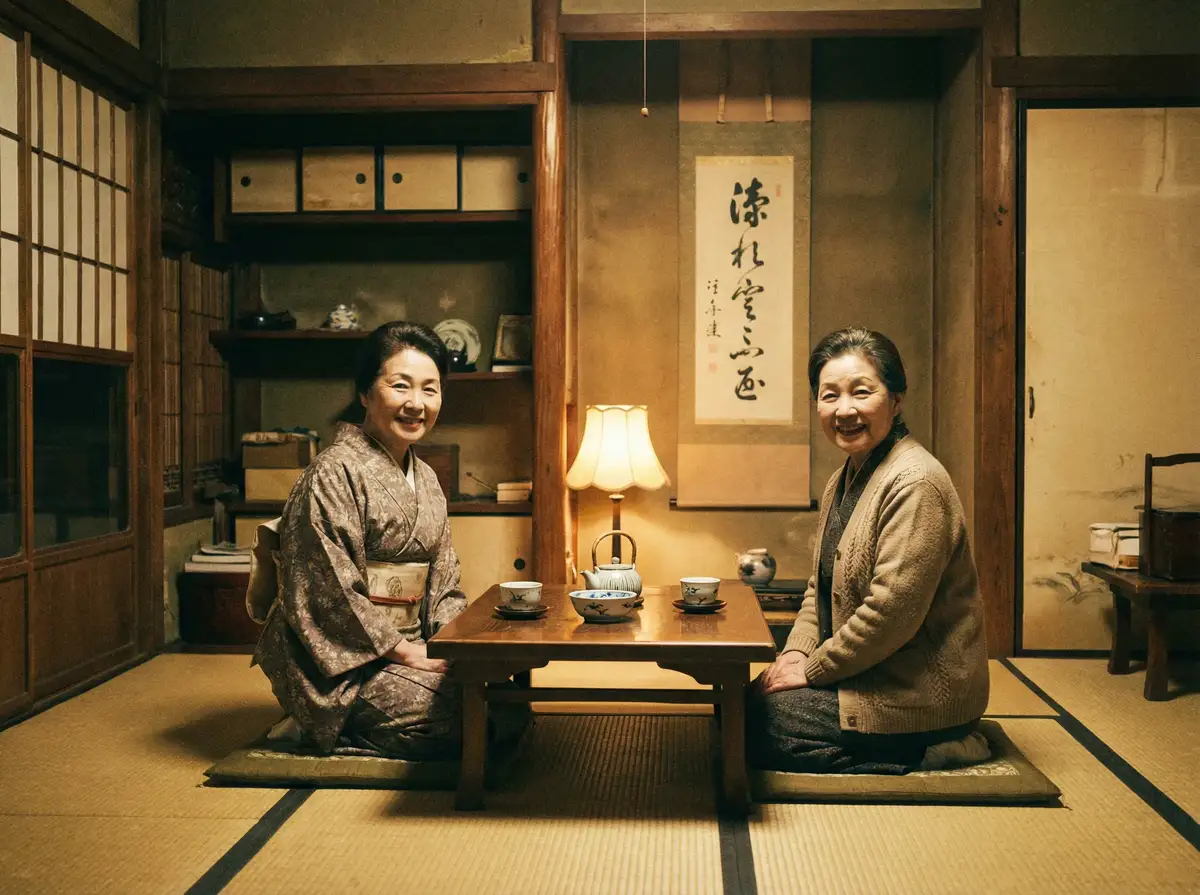 两位优雅的 百年遗产韩剧 在日式茶室中品茶交谈